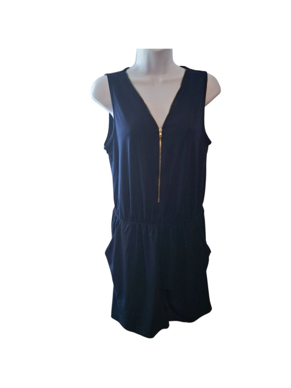 Espresso Navy Blue Romper Large Sleeveless Quiet Luxury Coastal Chic Relaxed
